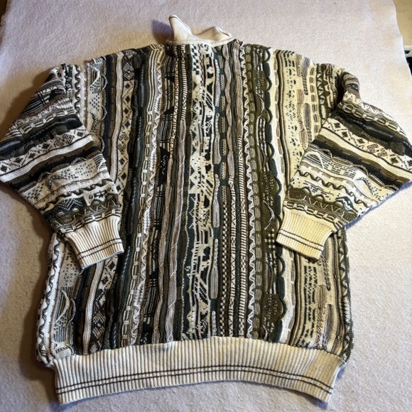 Alfani Men's Textured 3D Knit Polo Sweater 2XL Green Cream Beige Pattern - Picture 7 of 8